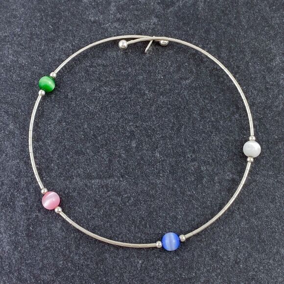 Sterling Silver 925 Memory Wire Multicolor Simulated Cat's Eye Bracelet 7" - Picture 1 of 5